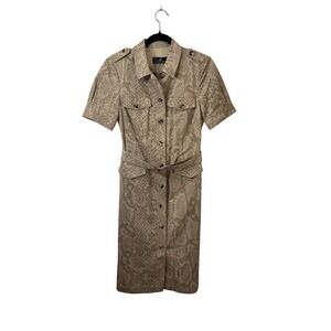 Rena Lange Tan Snakeskin Print Button Front Belted Utility Shirt Dress Size 6